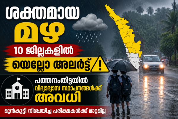 കേരളത്തിൽ ശക്തമായ മഴയെ തുടർന്ന് 10 ജില്ലകളിൽ യെല്ലോ അലർട്ട് പ്രഖ്യാപിച്ചതും പത്തനംതിട്ട ജില്ലയിലെ വിദ്യാഭ്യാസ സ്ഥാപനങ്ങൾക്ക് അവധി പ്രഖ്യാപിച്ചതും സൂചിപ്പിക്കുന്ന മഴ മുന്നറിയിപ്പ് വാർത്താ ചിത്രം."